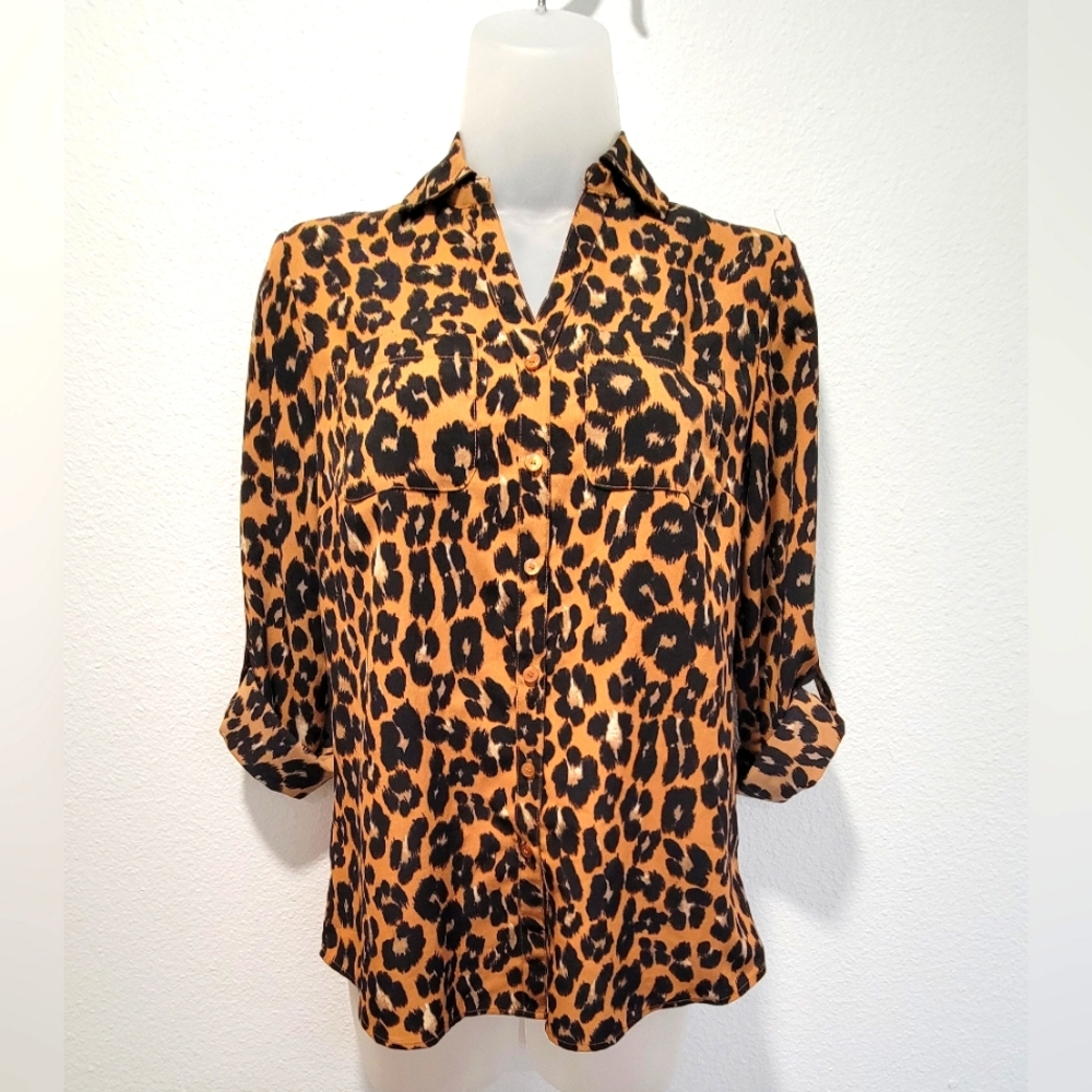 Talbots Women’s Brown & Black Leopard Print Long Sleeve Blouse Top -‎ Size P